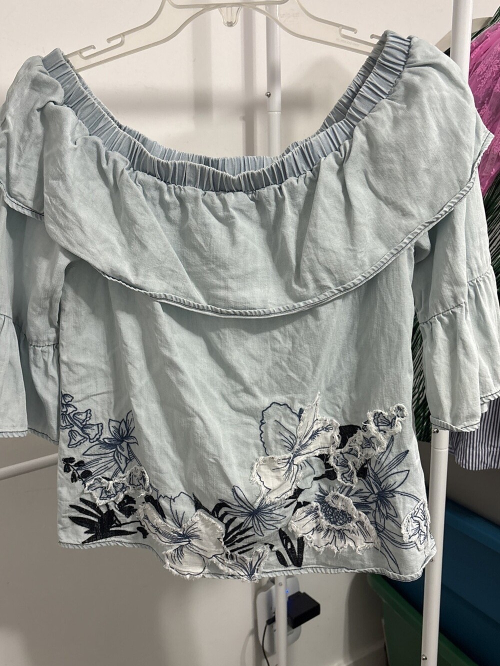 Lilyful off-the-shoulder embroidered blouse Lyocell Baby Blue XS Boho Girlie
